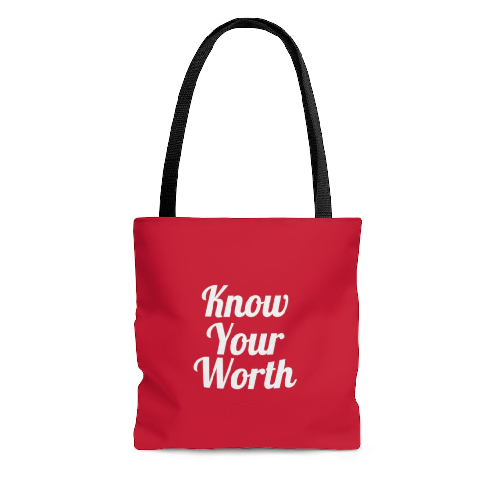Know Your Worth Red AOP Tote Bag