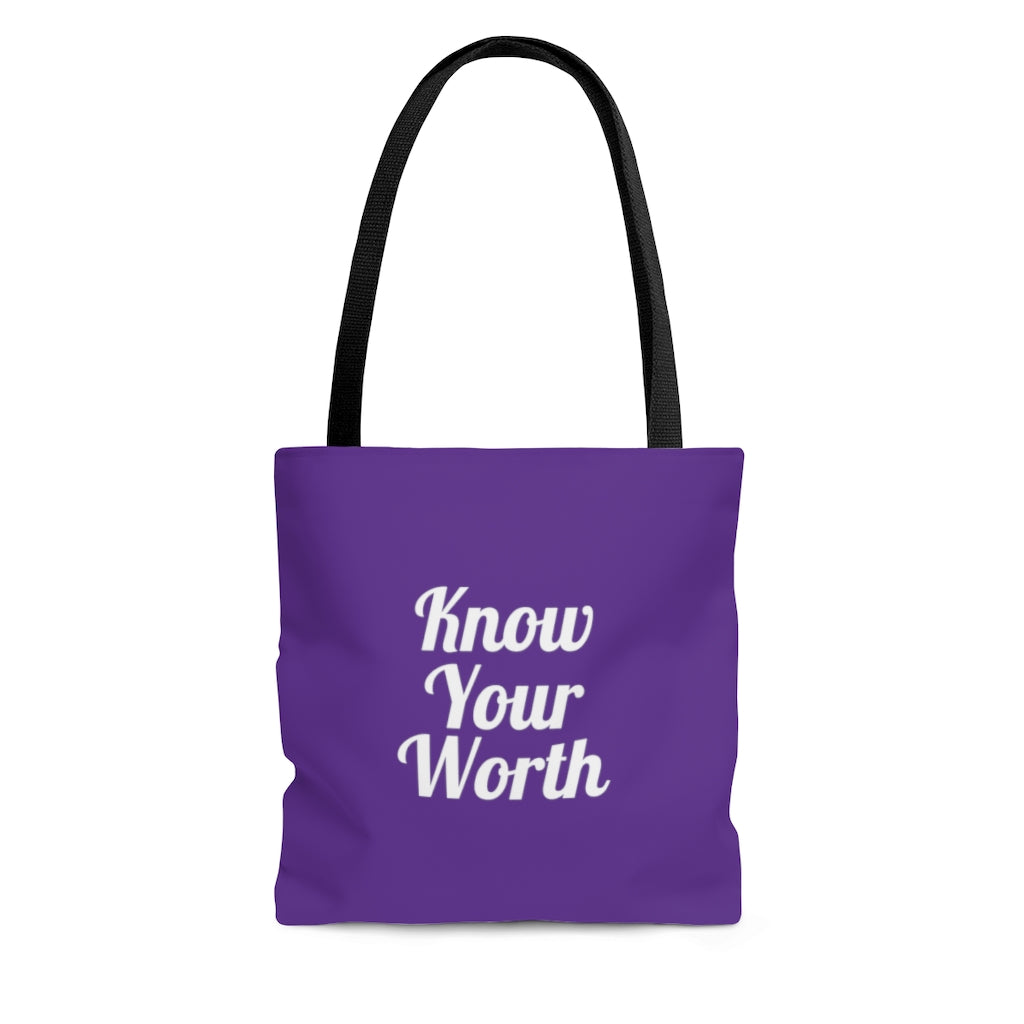 Know Your Worth Purple AOP Tote Bag