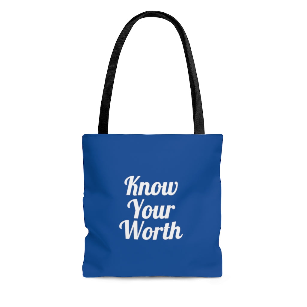 Know Your Worth Blue AOP Tote Bag