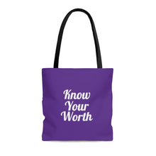 Load image into Gallery viewer, Know Your Worth Purple AOP Tote Bag
