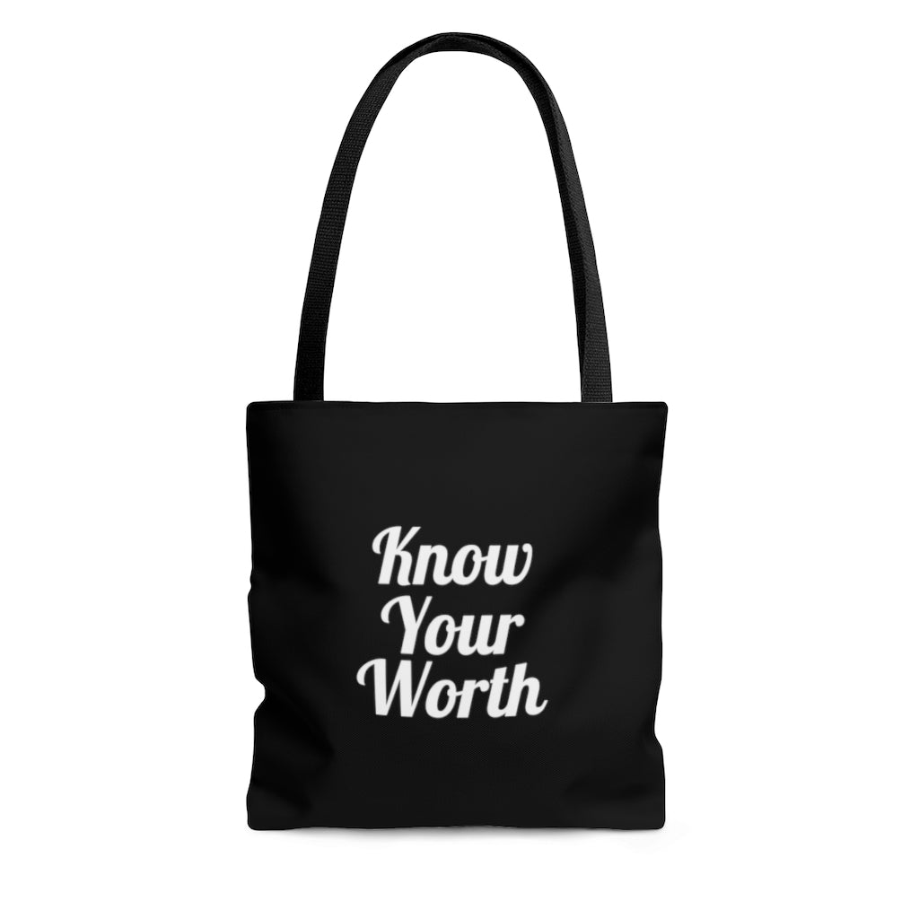 Know Your Worth Black AOP Tote Bag