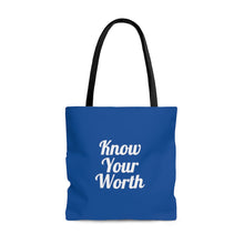 Load image into Gallery viewer, Know Your Worth Blue AOP Tote Bag
